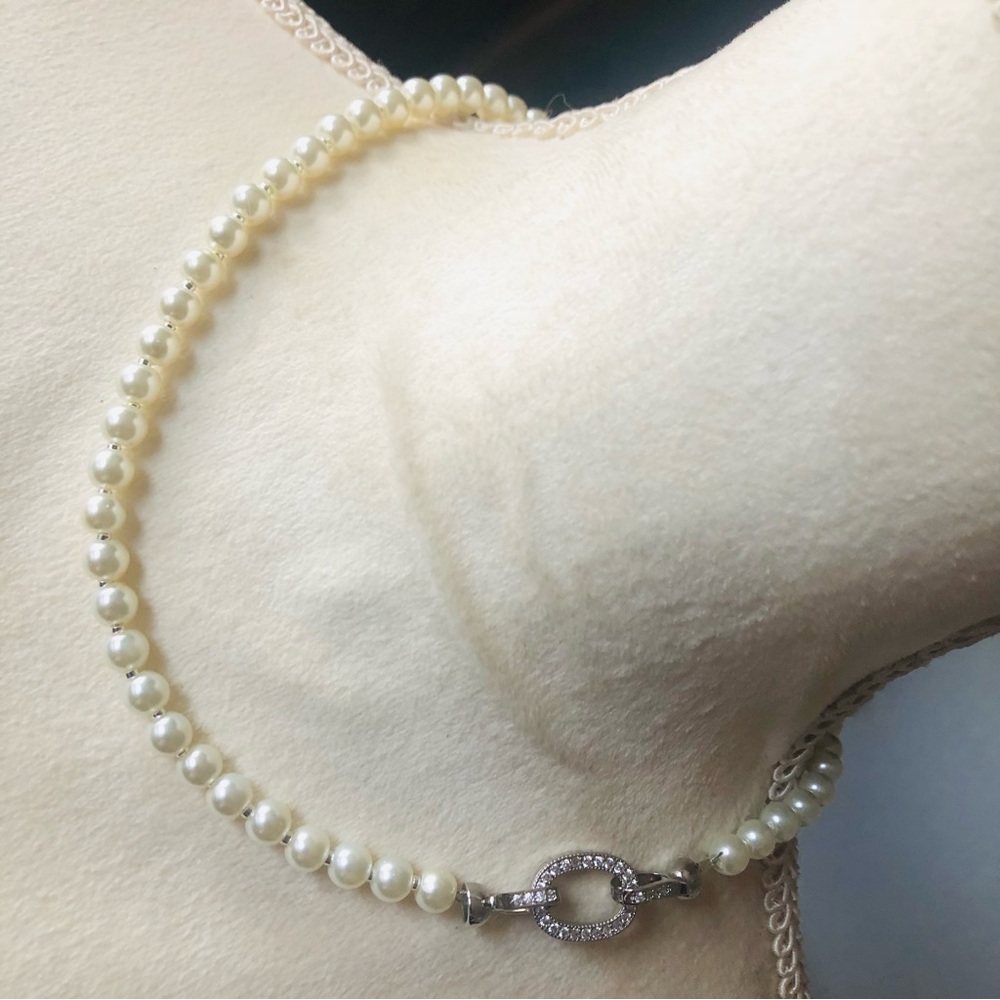 Handcrafted cream Czech glass pearl cubic zirconia clasp necklace